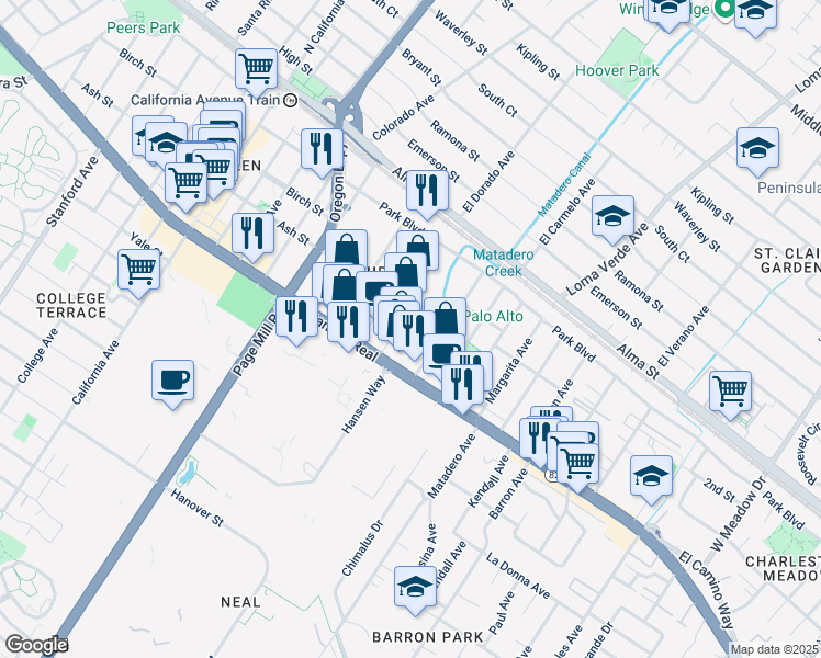 map of restaurants, bars, coffee shops, grocery stores, and more near 435 Portage Avenue in Palo Alto