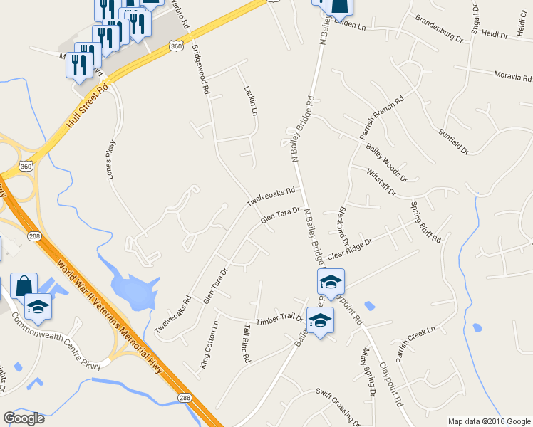 map of restaurants, bars, coffee shops, grocery stores, and more near 4613 Bridgewood Road in Midlothian