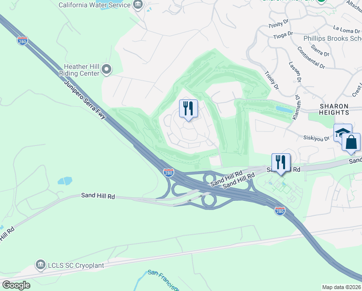 map of restaurants, bars, coffee shops, grocery stores, and more near 614 Sand Hill Circle in Menlo Park