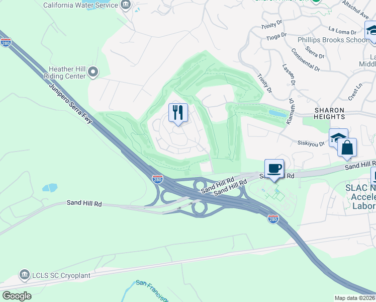 map of restaurants, bars, coffee shops, grocery stores, and more near 652 Sand Hill Circle in Menlo Park