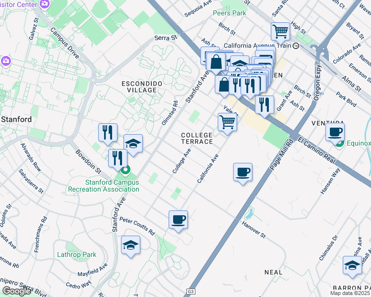 map of restaurants, bars, coffee shops, grocery stores, and more near 1062 College Avenue in Palo Alto