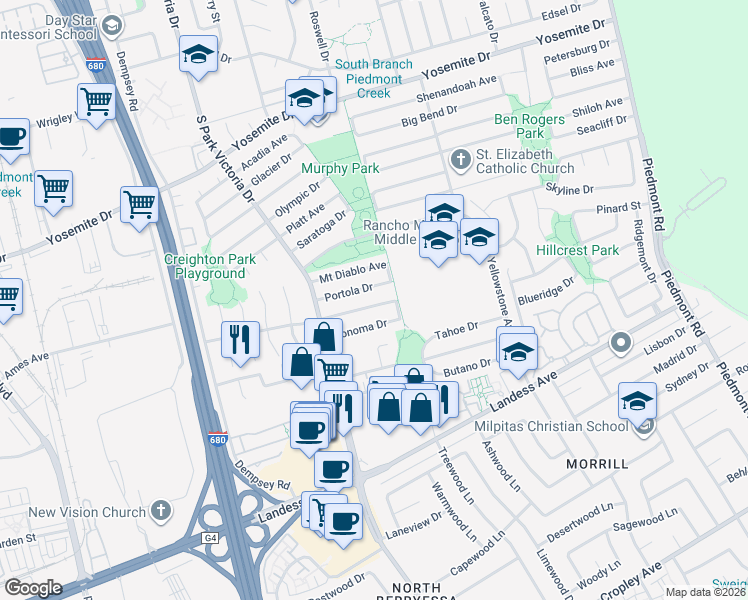 map of restaurants, bars, coffee shops, grocery stores, and more near 1503 Mount Shasta Avenue in Milpitas
