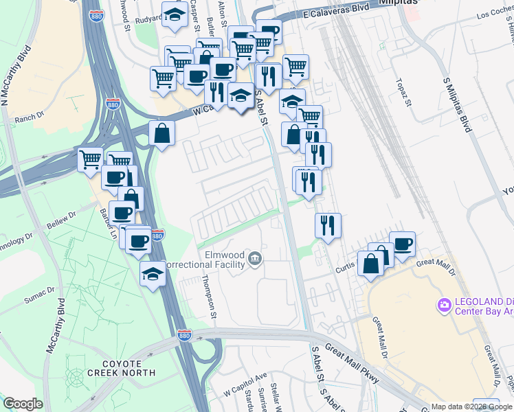 map of restaurants, bars, coffee shops, grocery stores, and more near 1014 Mente Linda Loop in Milpitas