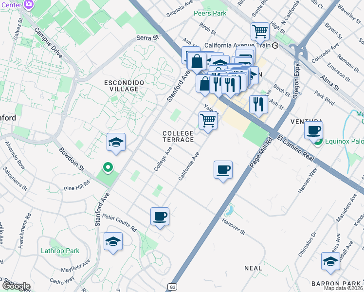 map of restaurants, bars, coffee shops, grocery stores, and more near 2311 Princeton Street in Palo Alto