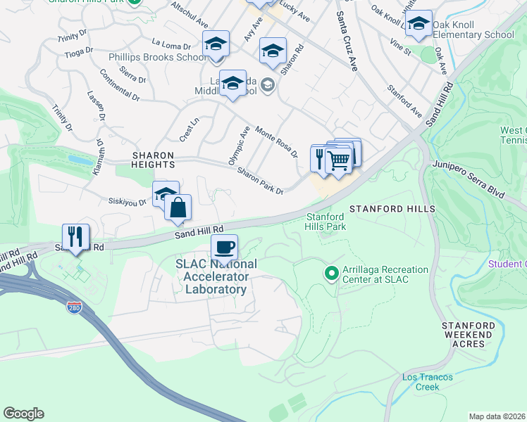 map of restaurants, bars, coffee shops, grocery stores, and more near 675 Sharon Park Drive in Menlo Park