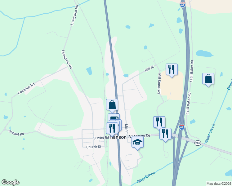 map of restaurants, bars, coffee shops, grocery stores, and more near 7301 Hanson Road in Hanson