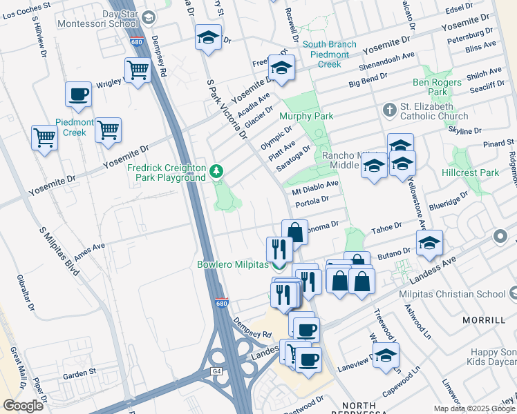 map of restaurants, bars, coffee shops, grocery stores, and more near 930 Jungfrau Court in Milpitas