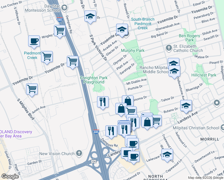 map of restaurants, bars, coffee shops, grocery stores, and more near 937 Jungfrau Court in Milpitas