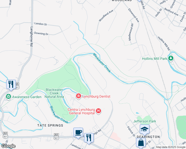 map of restaurants, bars, coffee shops, grocery stores, and more near 1936 Hillsdale Road in Lynchburg
