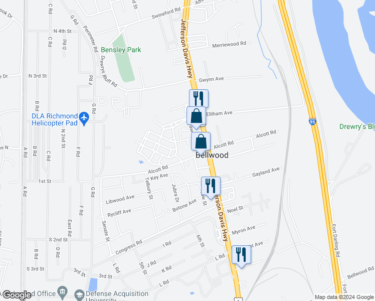 map of restaurants, bars, coffee shops, grocery stores, and more near 7400 Taw Street in Bellwood
