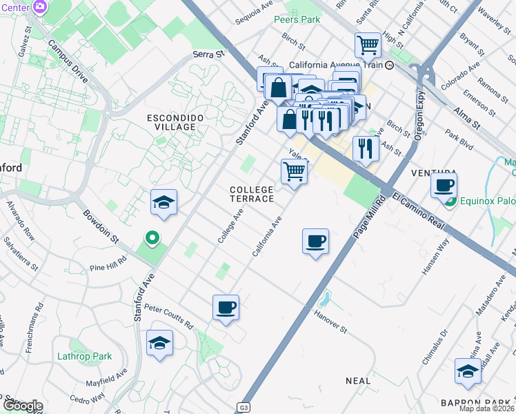 map of restaurants, bars, coffee shops, grocery stores, and more near 2311 Princeton Street in Palo Alto