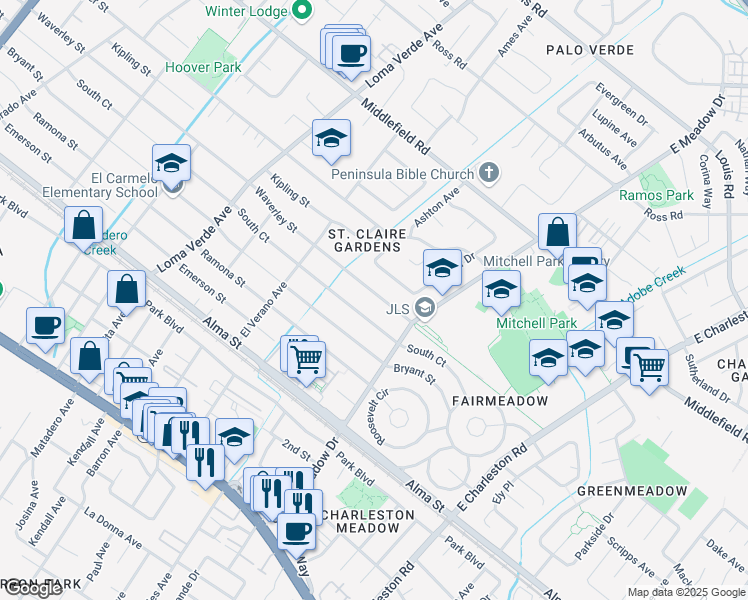 map of restaurants, bars, coffee shops, grocery stores, and more near 3466 Waverley Street in Palo Alto