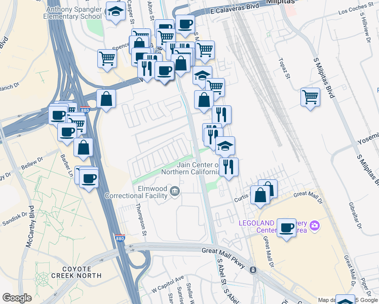 map of restaurants, bars, coffee shops, grocery stores, and more near 902 Mente Linda Loop in Milpitas
