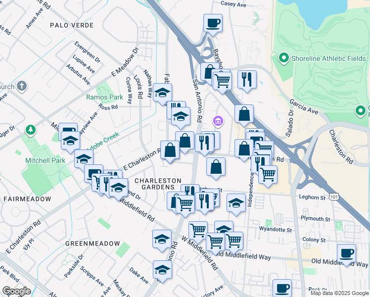 map of restaurants, bars, coffee shops, grocery stores, and more near 899 East Charleston Road in Palo Alto