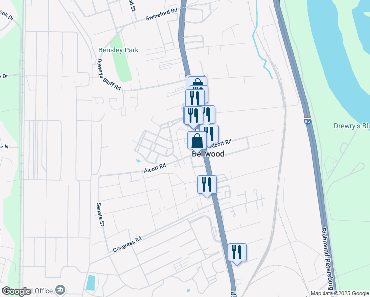 map of restaurants, bars, coffee shops, grocery stores, and more near 7400 Taw Street in Bellwood
