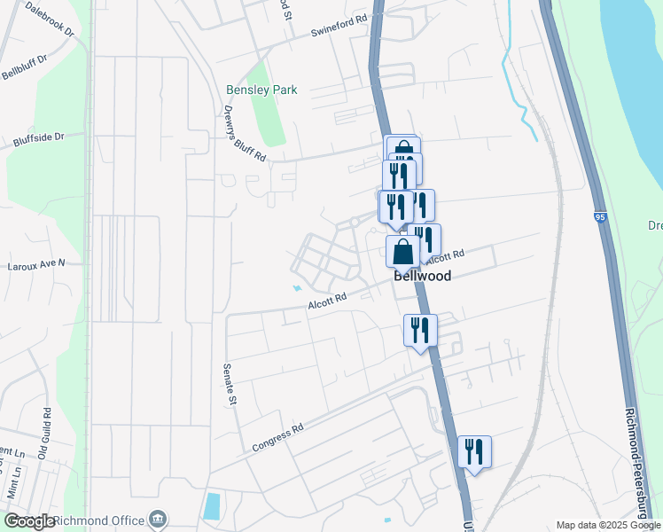 map of restaurants, bars, coffee shops, grocery stores, and more near 2772 Avalon Heights Road in Richmond