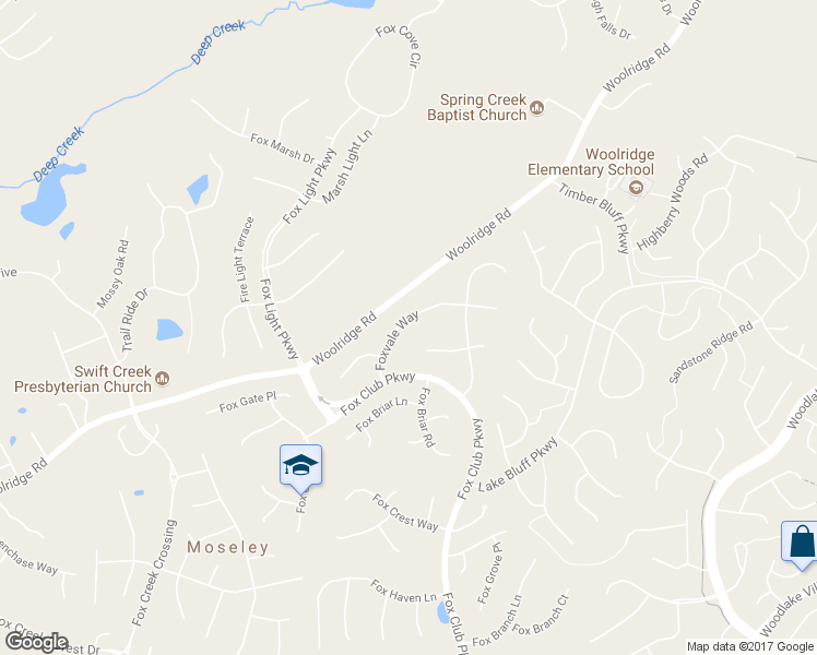 map of restaurants, bars, coffee shops, grocery stores, and more near 15449 Foxvale Way in Midlothian