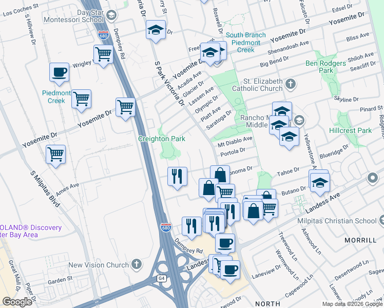 map of restaurants, bars, coffee shops, grocery stores, and more near 922 Jungfrau Court in Milpitas