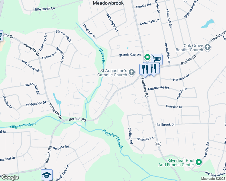 map of restaurants, bars, coffee shops, grocery stores, and more near 6813 Mason Run Drive in Richmond