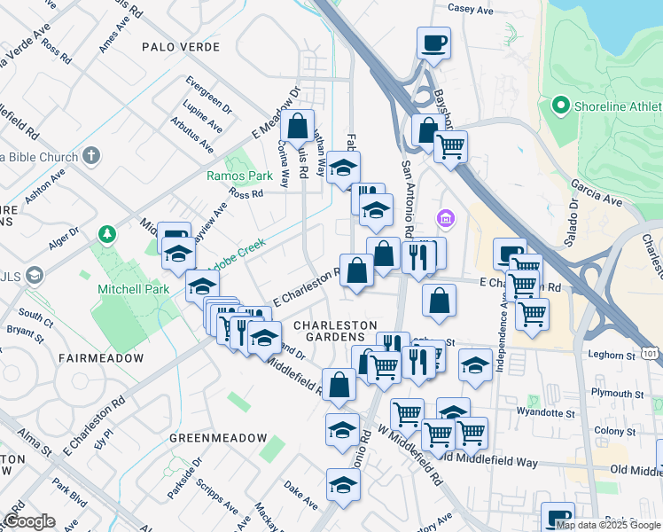 map of restaurants, bars, coffee shops, grocery stores, and more near 795 East Charleston Road in Palo Alto