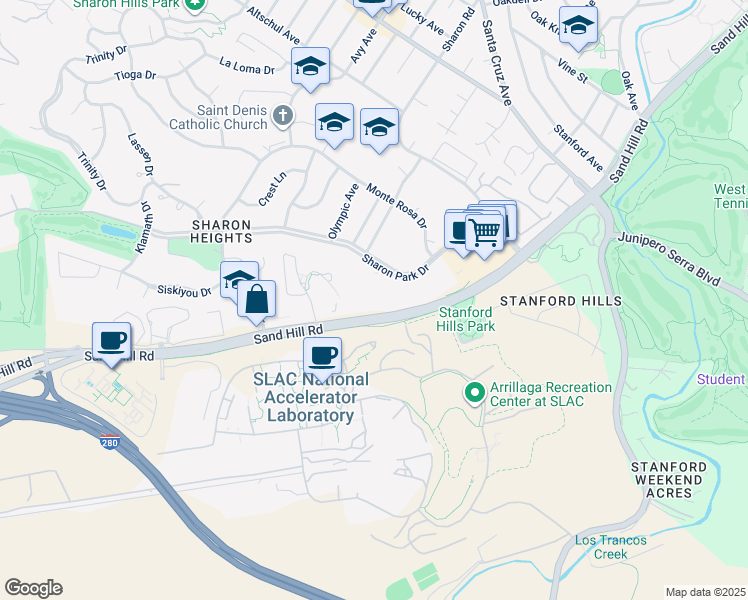 map of restaurants, bars, coffee shops, grocery stores, and more near 675 Sharon Park Drive in Menlo Park