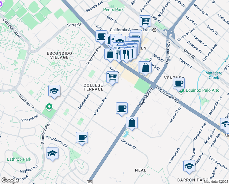map of restaurants, bars, coffee shops, grocery stores, and more near 901 California Avenue in Palo Alto