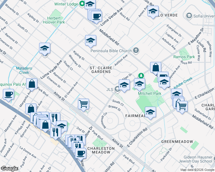 map of restaurants, bars, coffee shops, grocery stores, and more near 3467 Waverley Street in Palo Alto