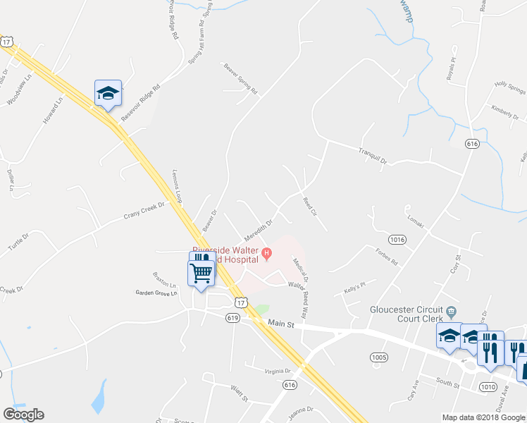 map of restaurants, bars, coffee shops, grocery stores, and more near 7668 Meredith Drive in Gloucester Courthouse