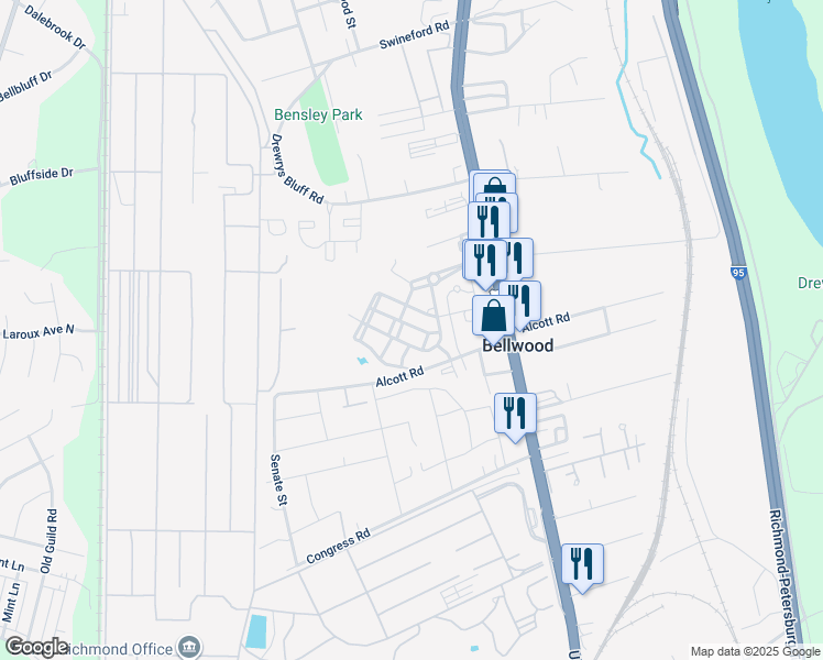 map of restaurants, bars, coffee shops, grocery stores, and more near 2749 Avalon Heights Road in Richmond