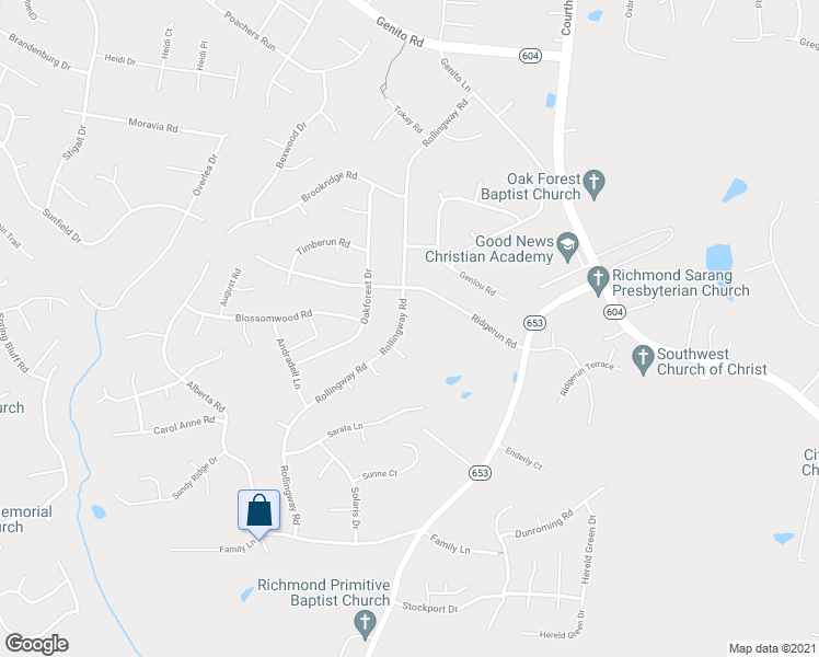 map of restaurants, bars, coffee shops, grocery stores, and more near 5121 Rollingway Road in Chesterfield