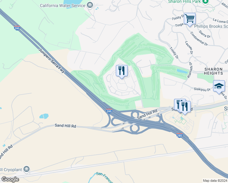 map of restaurants, bars, coffee shops, grocery stores, and more near 574 Sand Hill Circle in Menlo Park