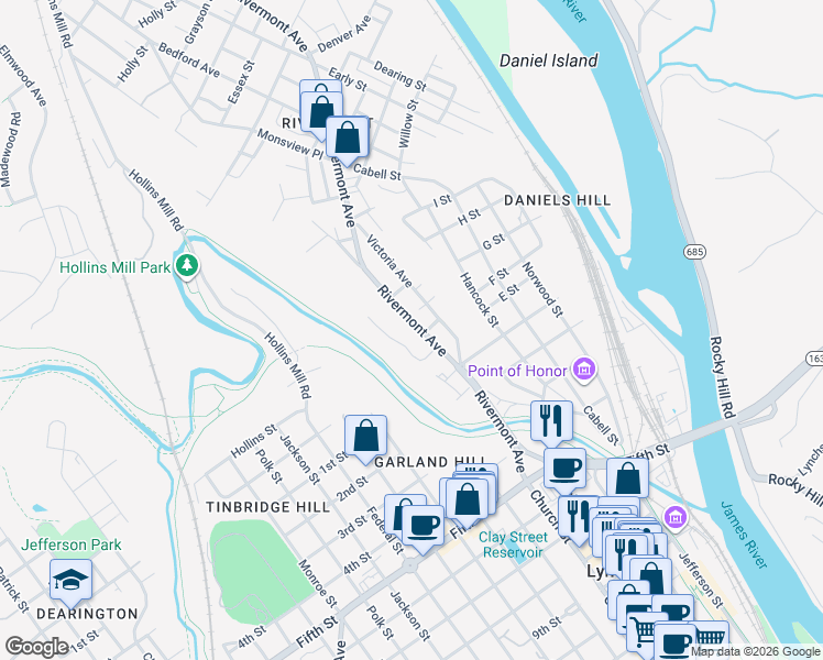 map of restaurants, bars, coffee shops, grocery stores, and more near 451 Rivermont Avenue in Lynchburg