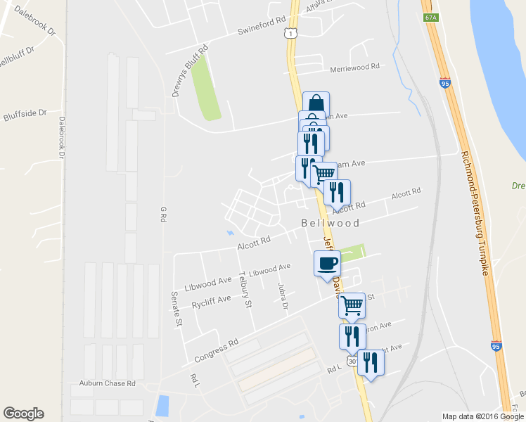 map of restaurants, bars, coffee shops, grocery stores, and more near Avalon Heights Road in Richmond