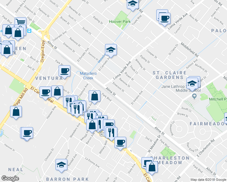 map of restaurants, bars, coffee shops, grocery stores, and more near 3153 Alma Street in Palo Alto