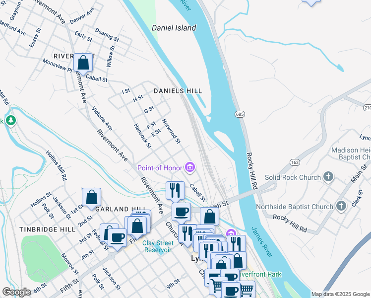 map of restaurants, bars, coffee shops, grocery stores, and more near 220 Norwood Street in Lynchburg