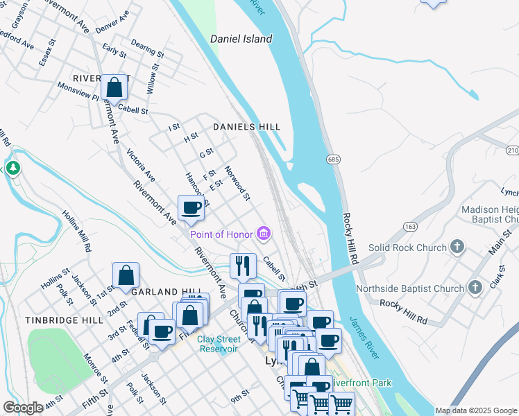 map of restaurants, bars, coffee shops, grocery stores, and more near 220 Norwood Street in Lynchburg