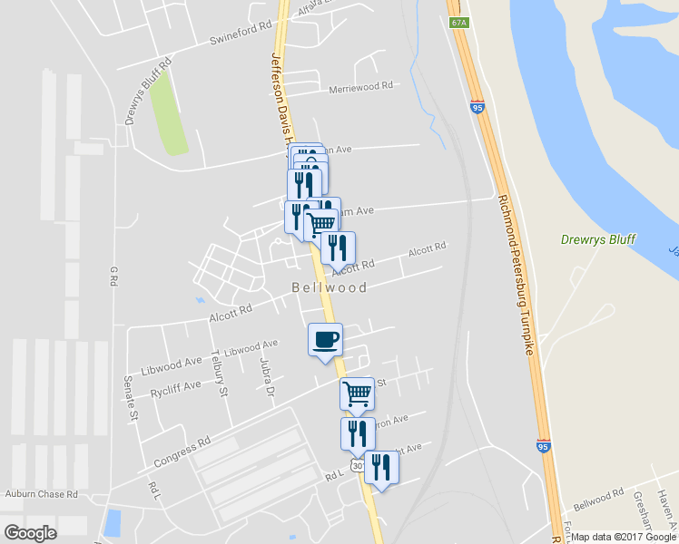 map of restaurants, bars, coffee shops, grocery stores, and more near 2584 Alcott Road in Richmond