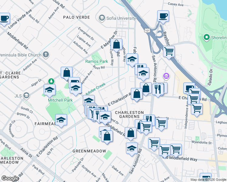 map of restaurants, bars, coffee shops, grocery stores, and more near 3998 Bibbits Drive in Palo Alto