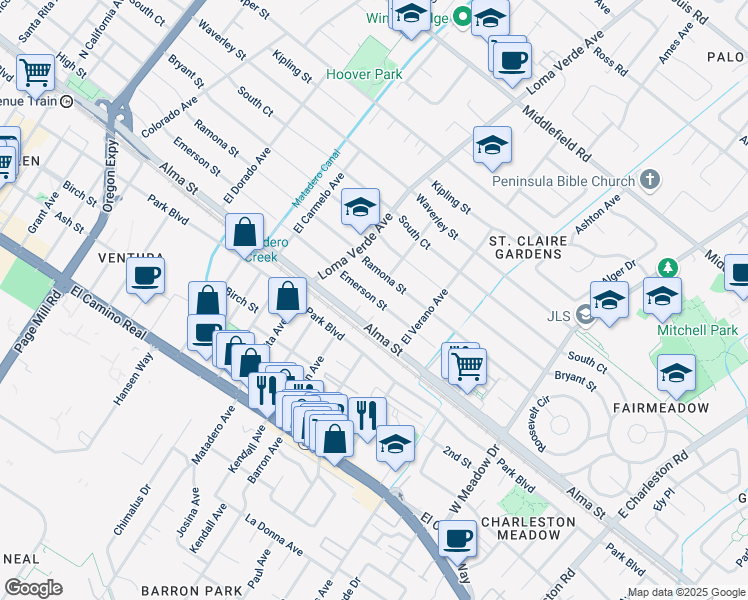 map of restaurants, bars, coffee shops, grocery stores, and more near 3216 Emerson Street in Palo Alto