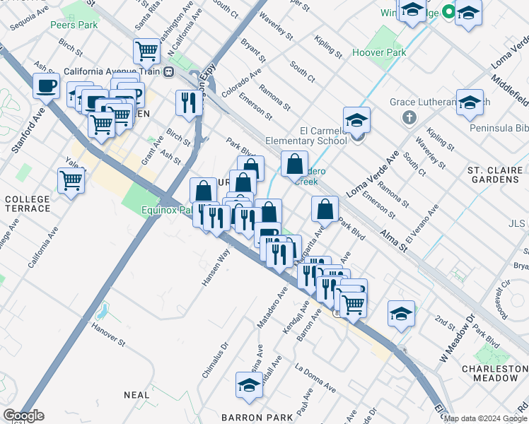 map of restaurants, bars, coffee shops, grocery stores, and more near 400 Lambert Avenue in Palo Alto