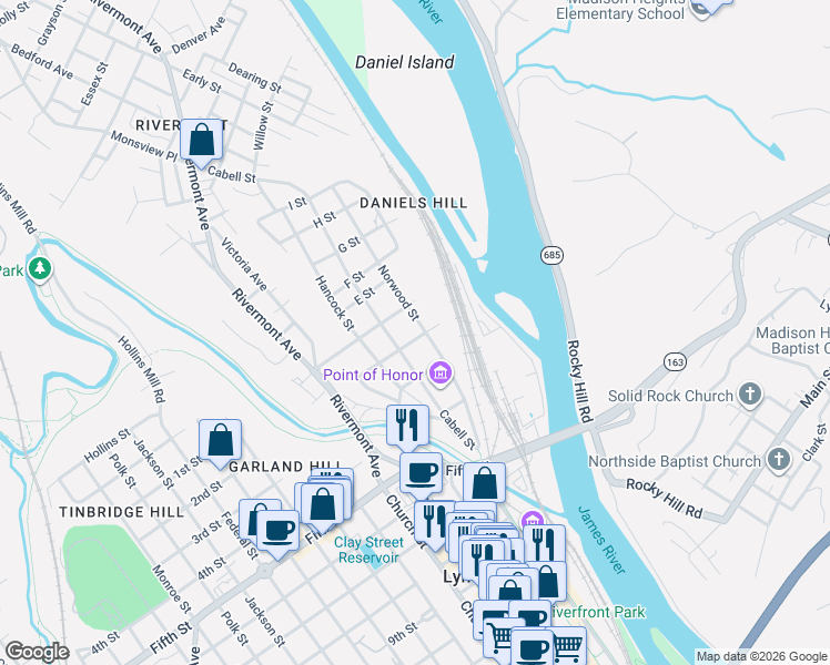 map of restaurants, bars, coffee shops, grocery stores, and more near 215 Norwood Street in Lynchburg