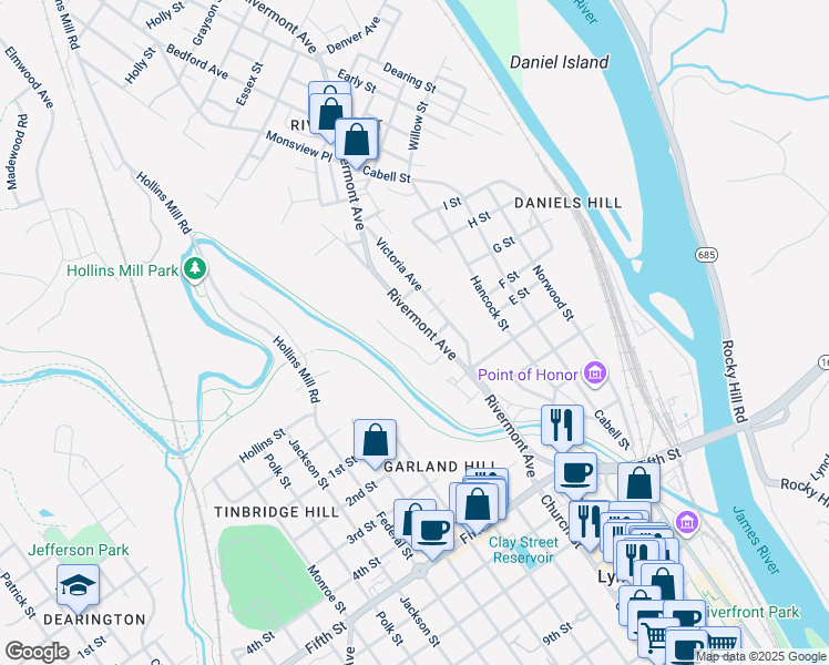 map of restaurants, bars, coffee shops, grocery stores, and more near 441 Rivermont Ave in Lynchburg