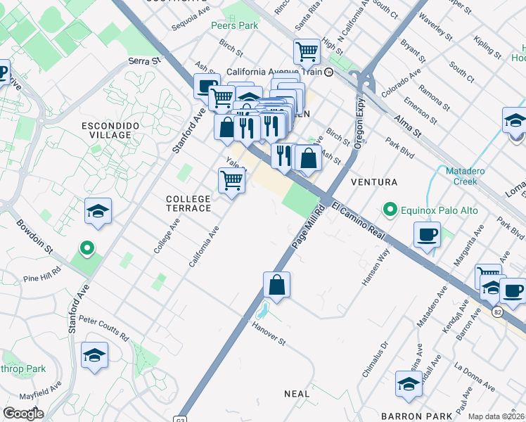 map of restaurants, bars, coffee shops, grocery stores, and more near 855 S California Ave in Palo Alto