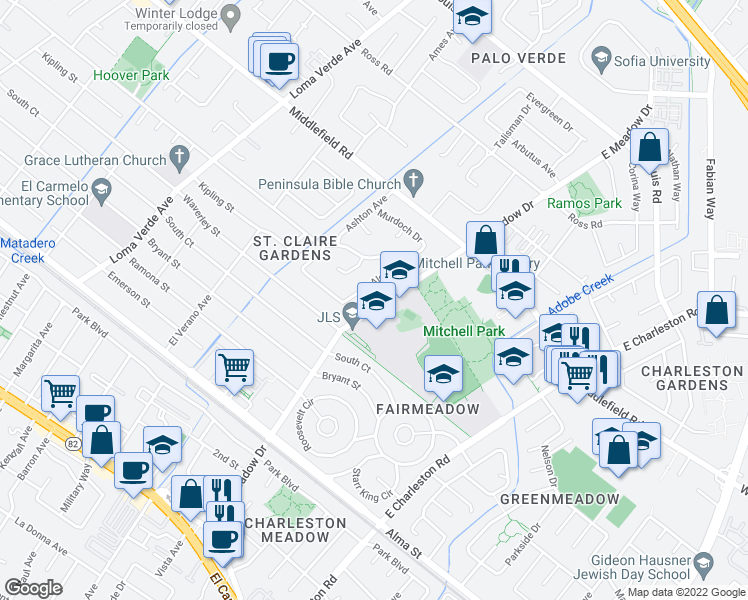 map of restaurants, bars, coffee shops, grocery stores, and more near 473 East Meadow Drive in Palo Alto
