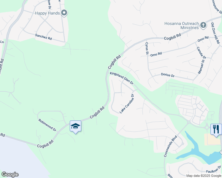 map of restaurants, bars, coffee shops, grocery stores, and more near 7107 Lake Caroline Drive in Chesterfield
