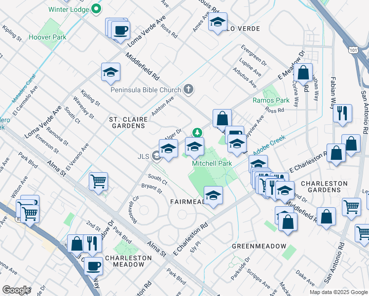 map of restaurants, bars, coffee shops, grocery stores, and more near 500 East Meadow Drive in Palo Alto