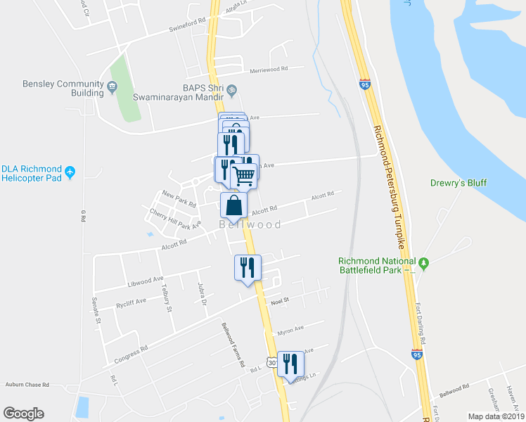 map of restaurants, bars, coffee shops, grocery stores, and more near 2574 Alcott Road in Richmond