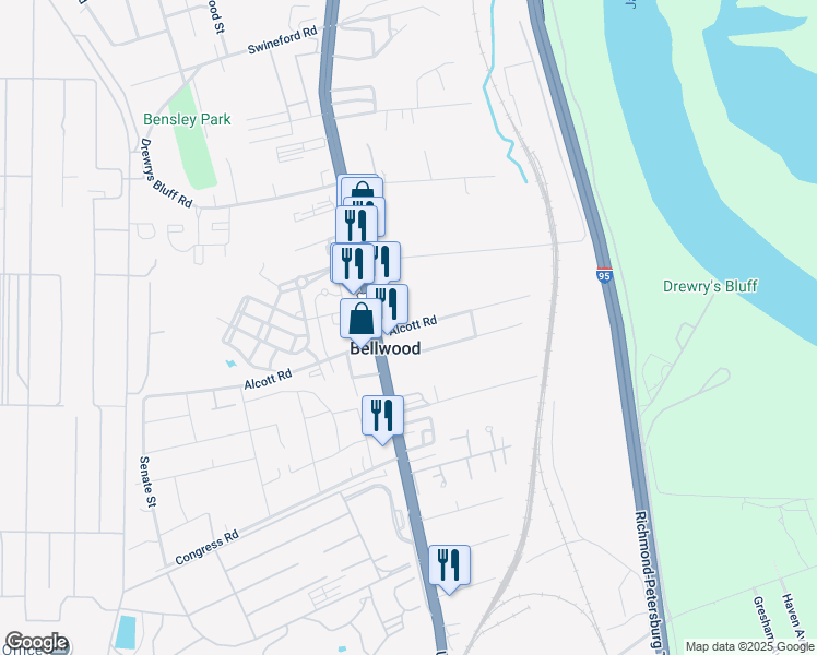 map of restaurants, bars, coffee shops, grocery stores, and more near 2572 Alcott Road in Richmond