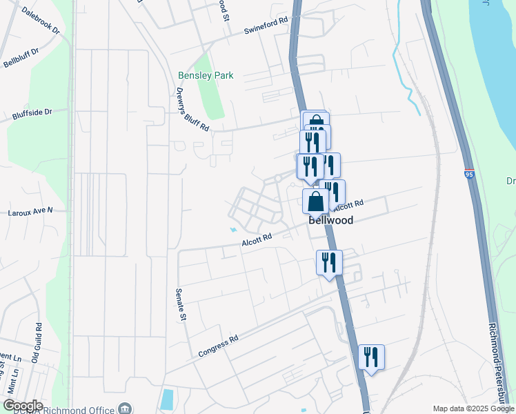 map of restaurants, bars, coffee shops, grocery stores, and more near 2800 Bensley Commons Boulevard in Richmond