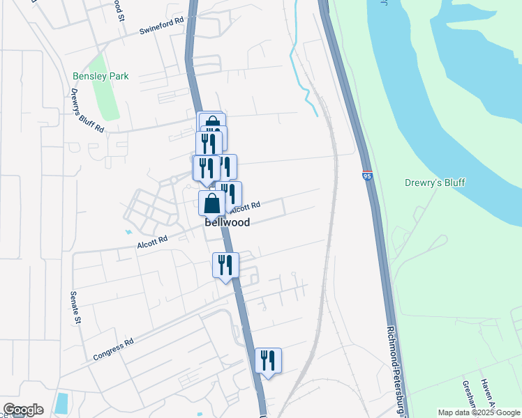 map of restaurants, bars, coffee shops, grocery stores, and more near 2547 Alcott Road in Richmond